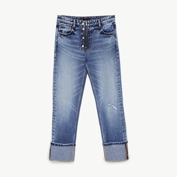 Zara Medium Wash Mid Rise Jeans w/ Turnup Hems NEW - Picture 3 of 12